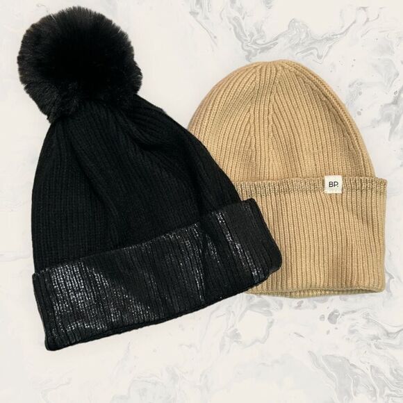 New Nordstrom BP. Bundle: Tan Knit Beanie, Black Metallic Knit Beanie - One Size - Picture 1 of 5
